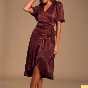 Lulu’s Wrapped Up in Love Burgundy Satin dress